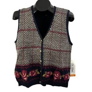 Vtg The Villager Liz Claiborne Herringbone Knit Sweater Vest Floral Small NWT